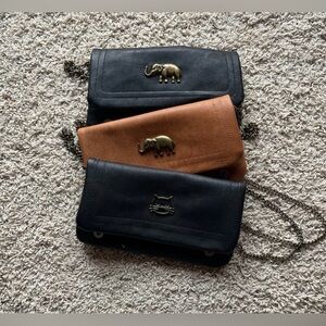 Black and Brown Cat and Elephant Crossbody Purses.